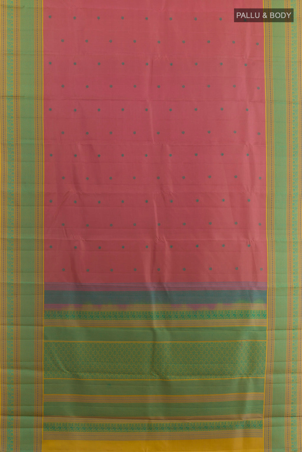 Flat view of Pure Silk Peach Kanchipuram Saree with Thread Butta on the body and Thread Border. 