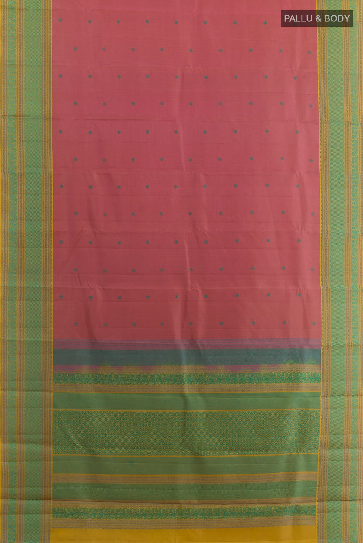 Flat view of Pure Silk Peach Kanchipuram Saree with Thread Butta on the body and Thread Border. 