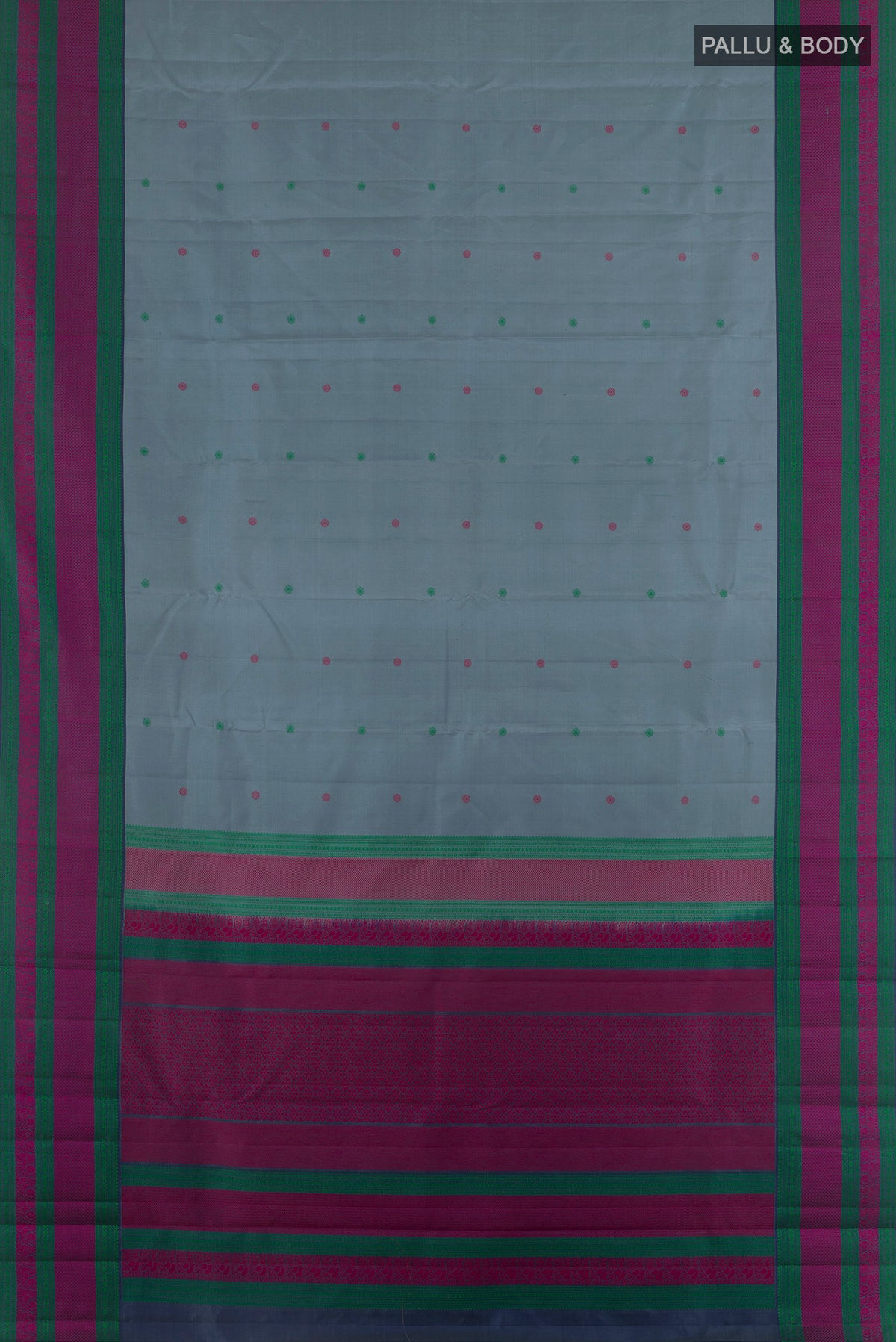 Flat view of Pure Silk Grey Kanchipuram Saree with Thread Butta on the body and Thread Border. 