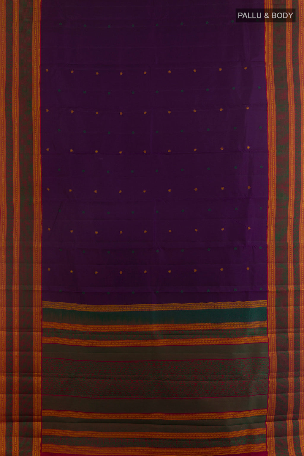 Flat view of Pure Silk Purple Kanchipuram Saree with Thread Butta on the body and Thread Border. 