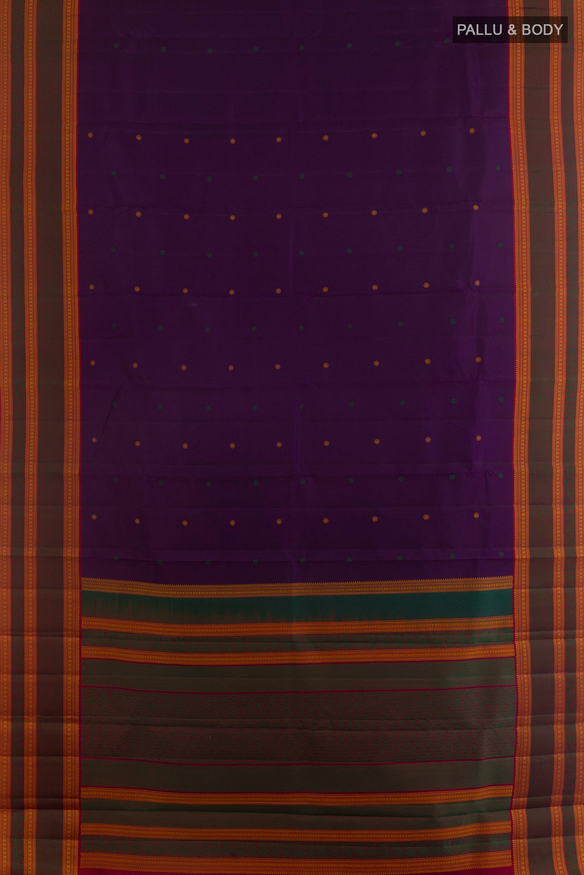 Flat view of Pure Silk Purple Kanchipuram Saree with Thread Butta on the body and Thread Border. 