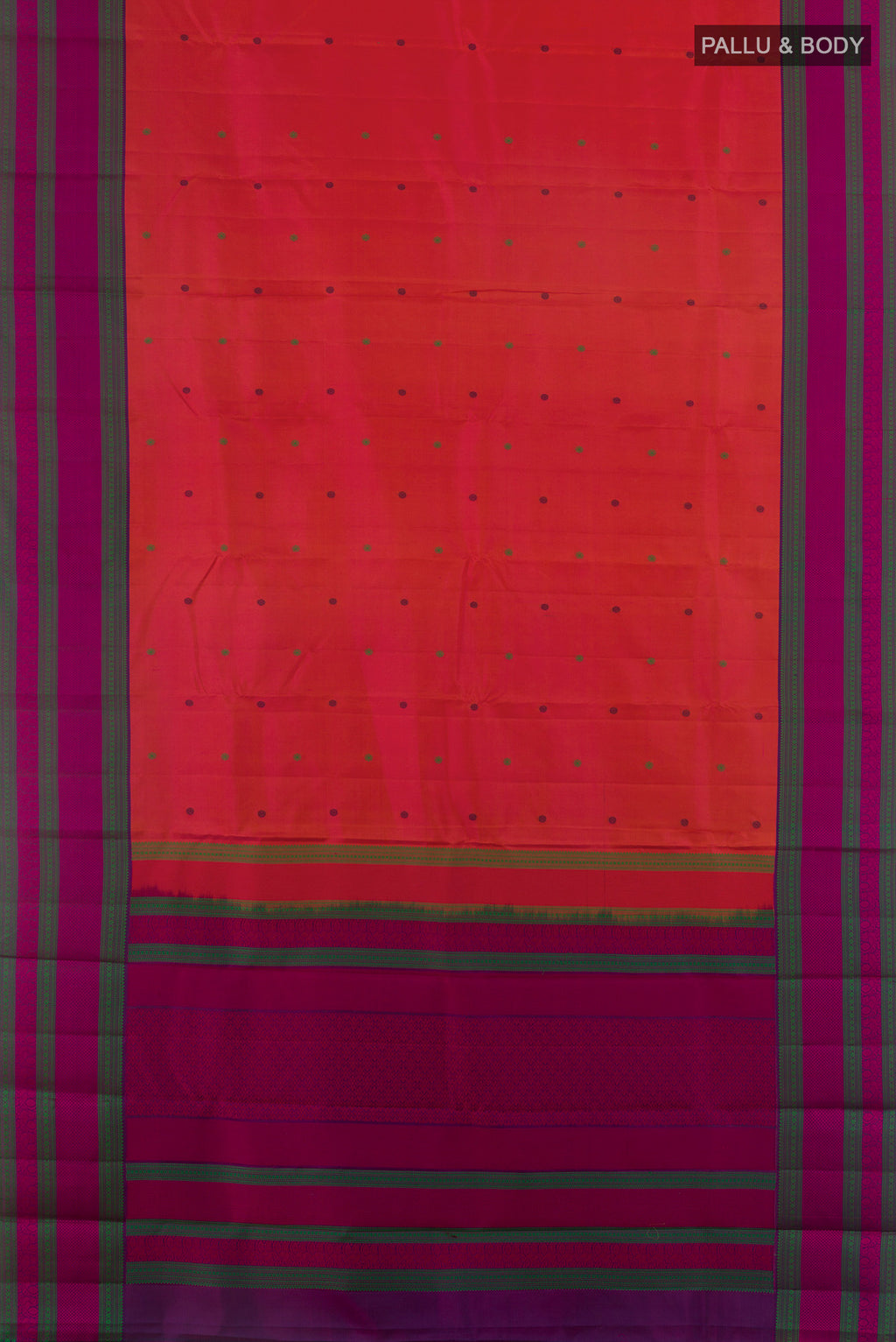 Flat view of Pure Silk Red Kanchipuram Saree with Thread Butta on the body and Thread Border. 