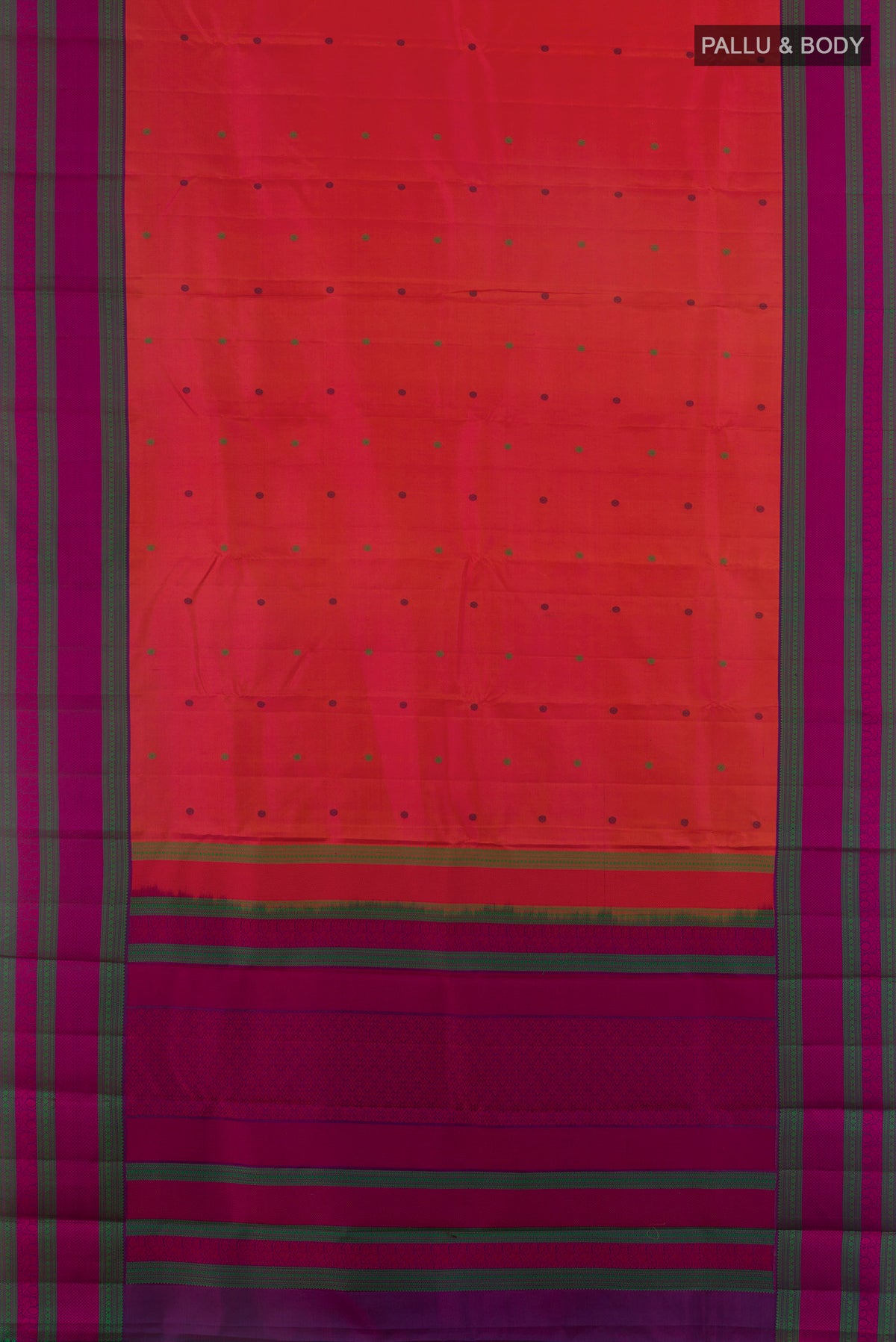 Flat view of Pure Silk Red Kanchipuram Saree with Thread Butta on the body and Thread Border. 