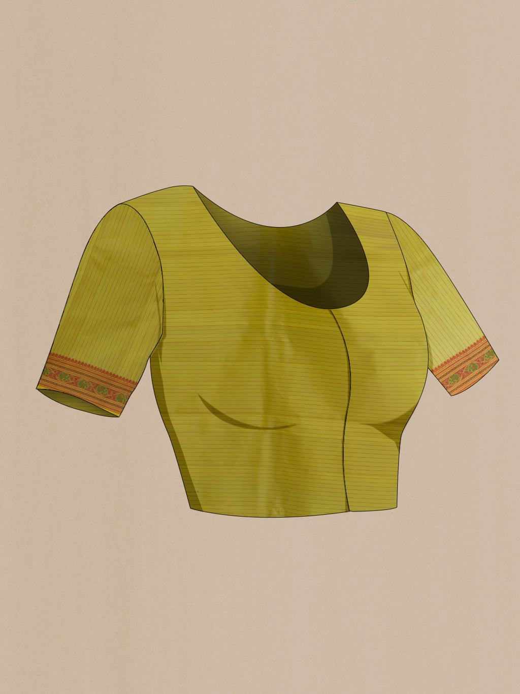 Close up image of the blouse of Pure Silk Sage Green Kanchipuram Saree with Thread Butta on the body and Thread Border. 