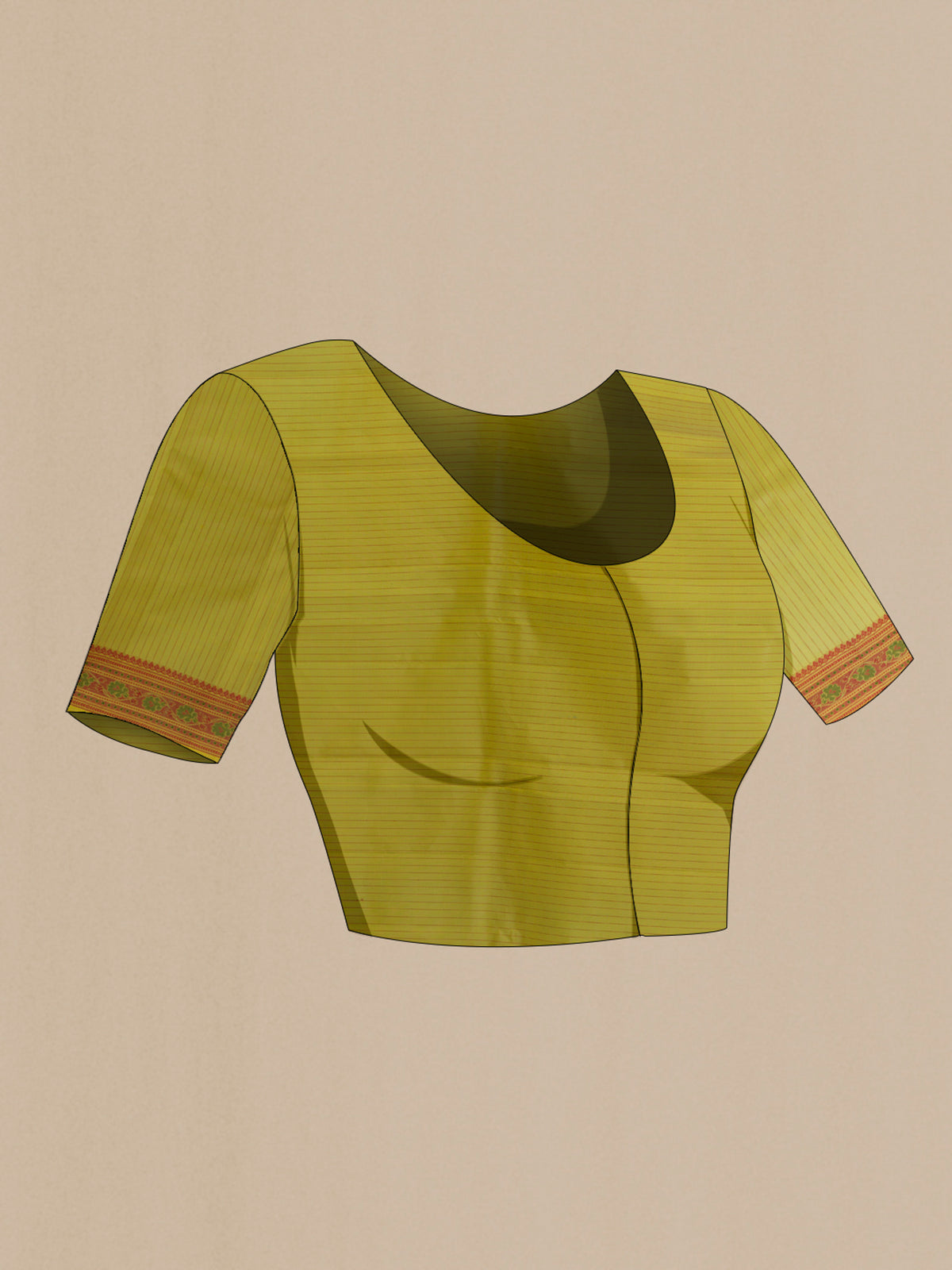 Close up image of the blouse of Pure Silk Sage Green Kanchipuram Saree with Thread Butta on the body and Thread Border. 