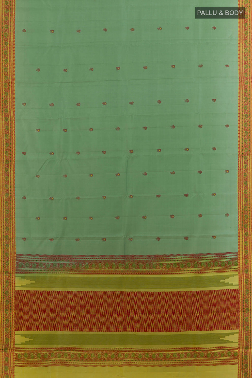 Flat view of Pure Silk Sage Green Kanchipuram Saree with Thread Butta on the body and Thread Border. 