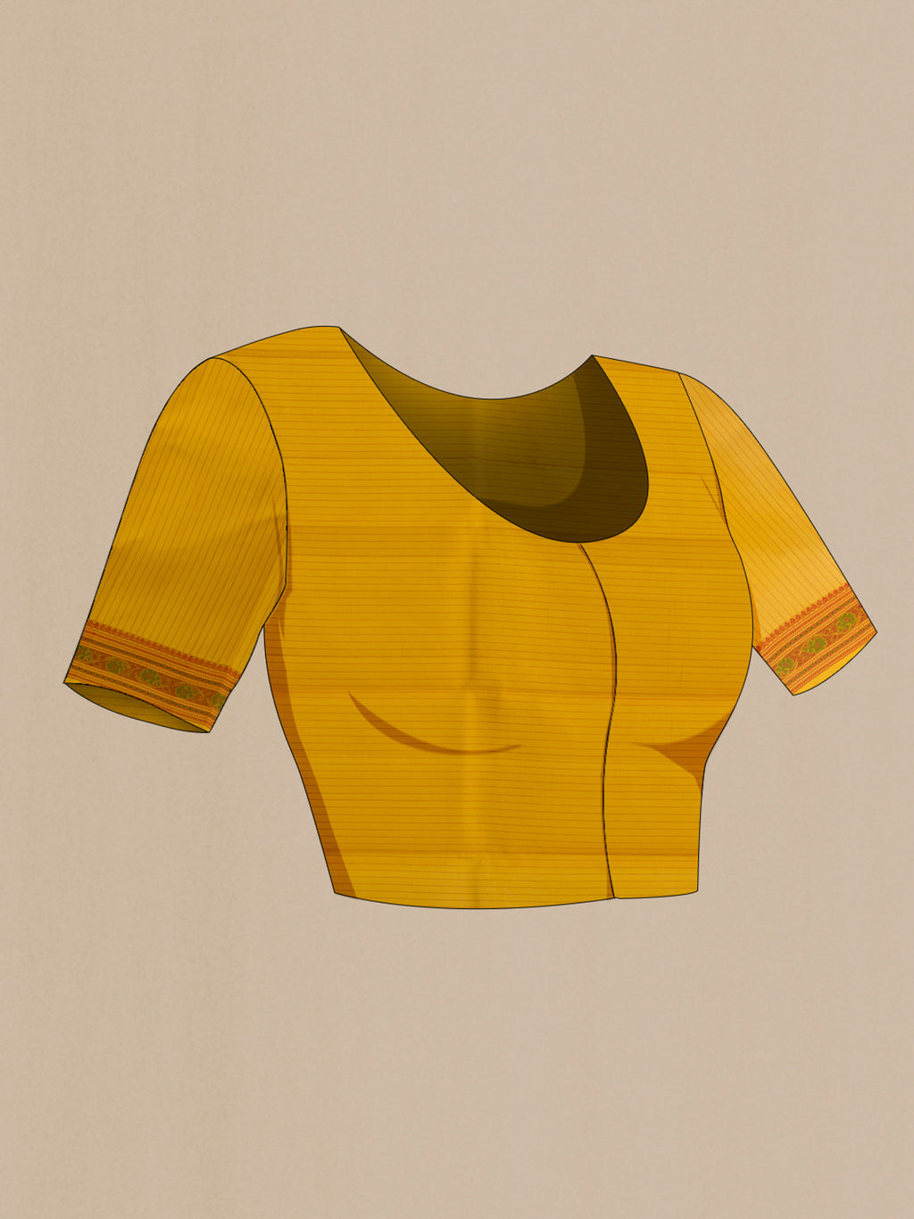 Close up image of the blouse of Pure Silk Orange Kanchipuram Saree with Thread Butta on the body and Thread Border. 