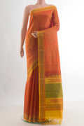 Pure Silk Orange Kanchipuram Saree with Thread Butta on the body and Thread Border.  displayed on a mannequin