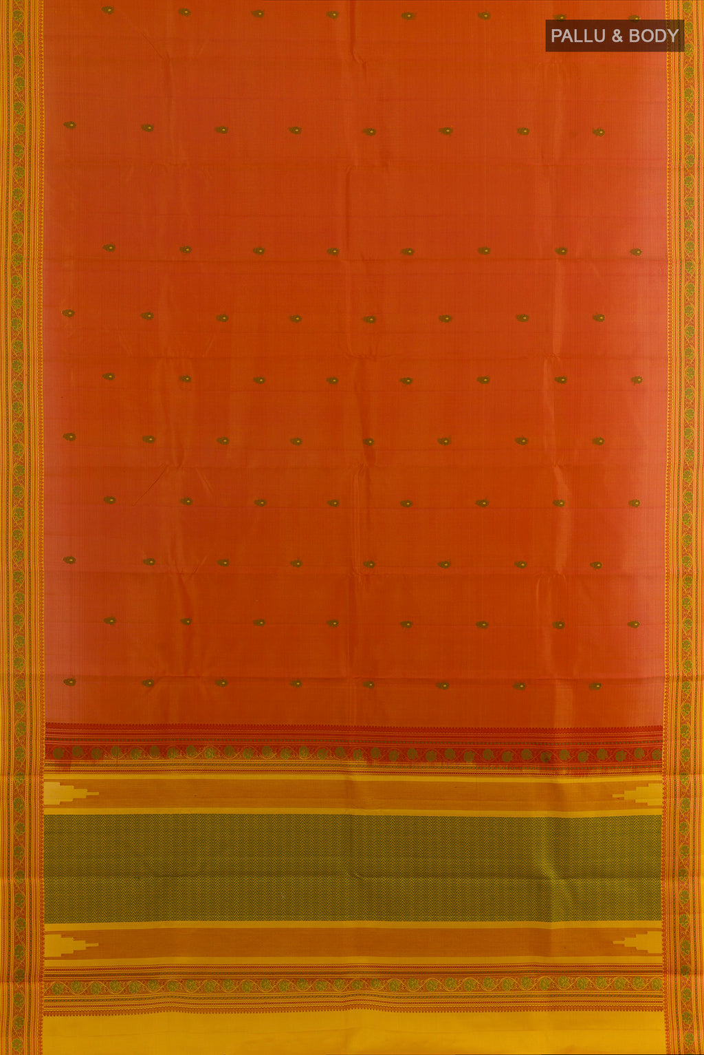 Flat view of Pure Silk Orange Kanchipuram Saree with Thread Butta on the body and Thread Border. 