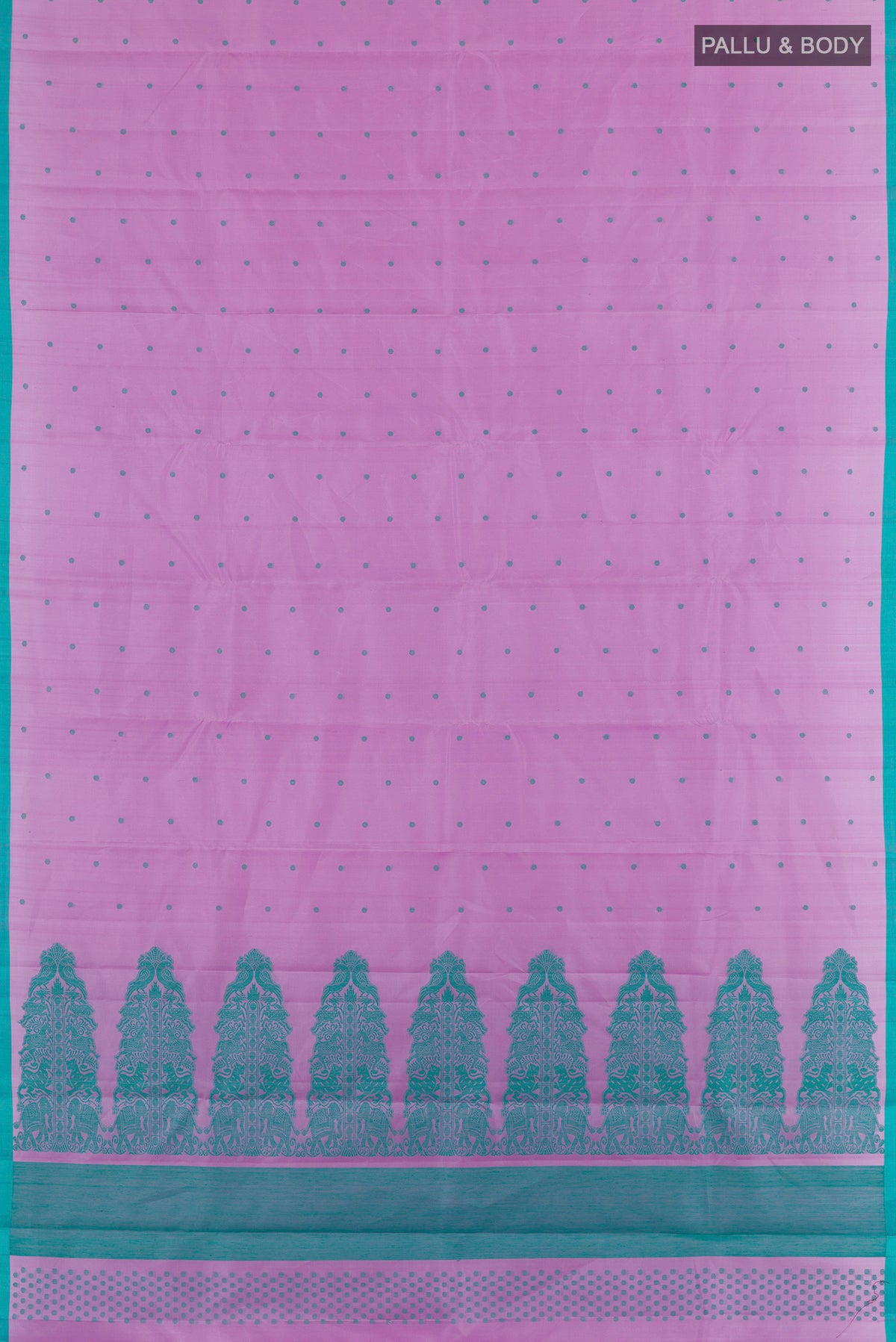 Flat view of Pure Silk Lavender Kanchipuram Saree with Thread Butta on the body and Plain Border. 