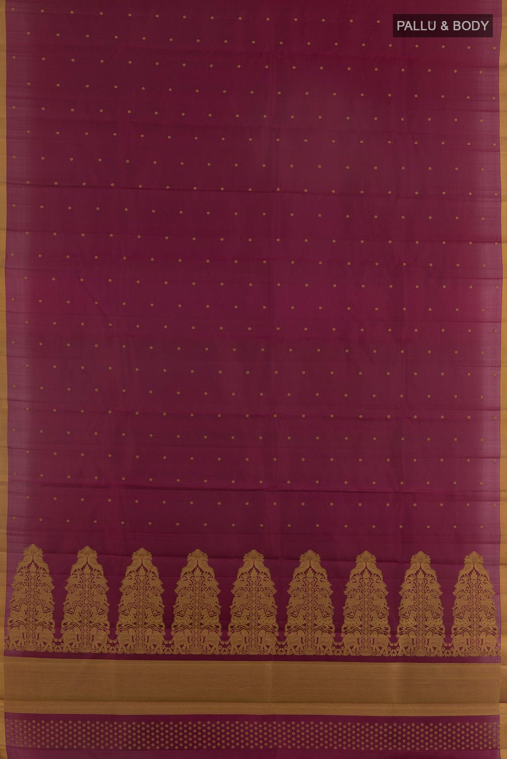 Flat view of Pure Silk Maroon Kanchipuram Saree with Thread Butta on the body and Plain Border. 