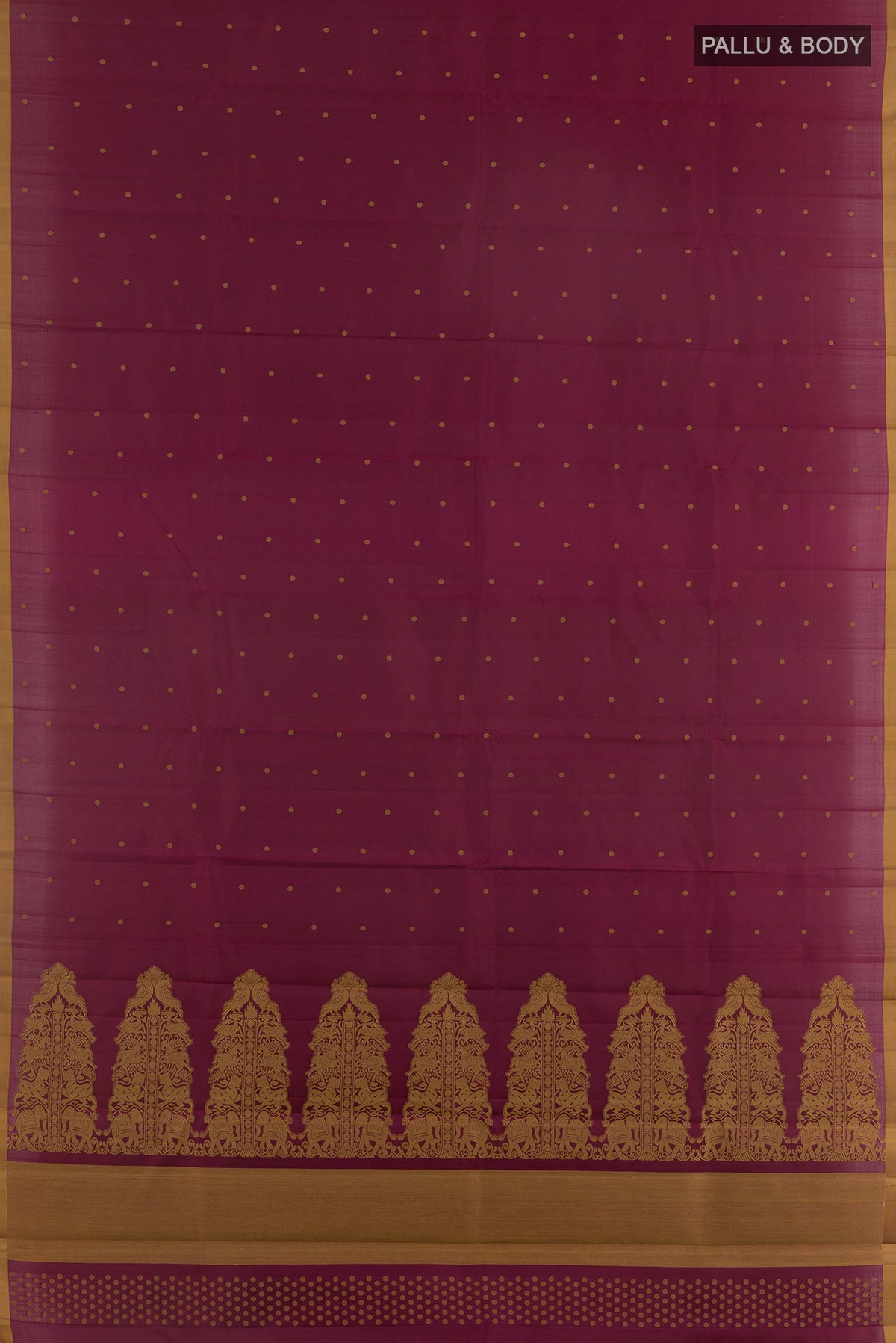 Flat view of Pure Silk Maroon Kanchipuram Saree with Thread Butta on the body and Plain Border. 