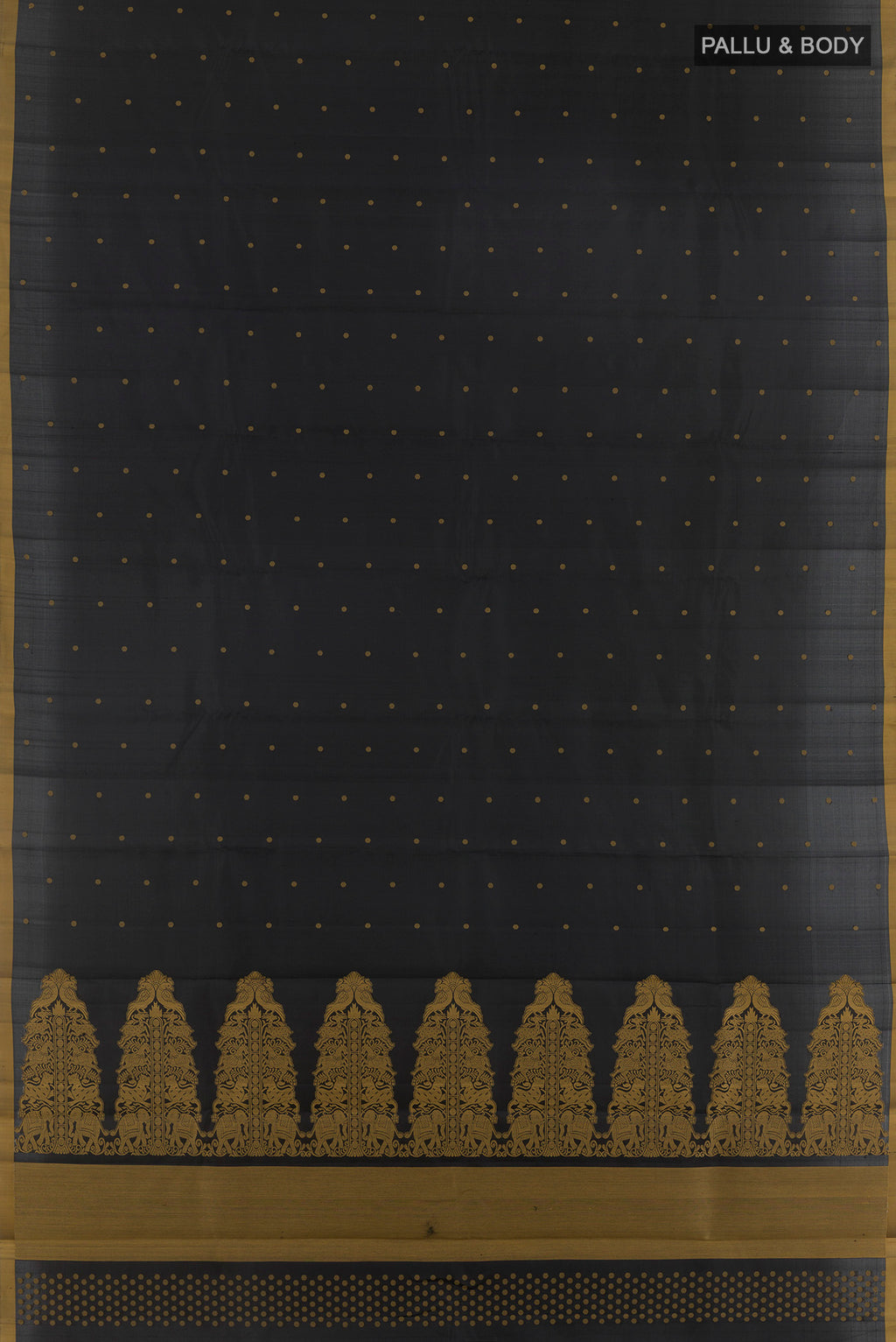 Flat view of Pure Silk Black Kanchipuram Saree with Thread Butta on the body and Plain Border. 