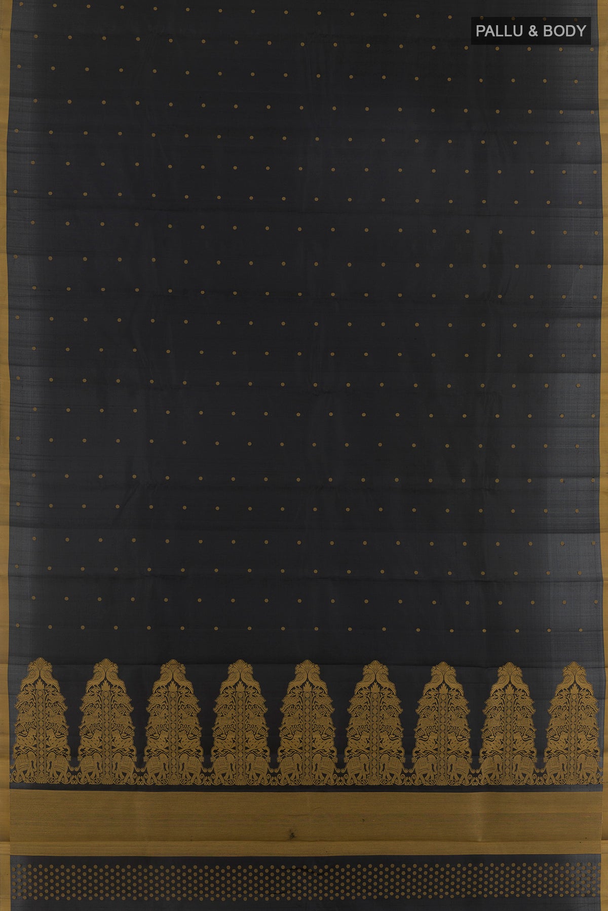 Flat view of Pure Silk Black Kanchipuram Saree with Thread Butta on the body and Plain Border. 
