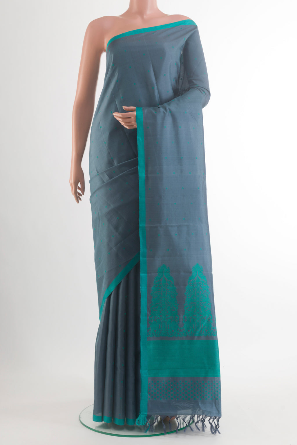 Pure Silk Grey Kanchipuram Saree with Thread Butta on the body and Plain Border.  displayed on a mannequin