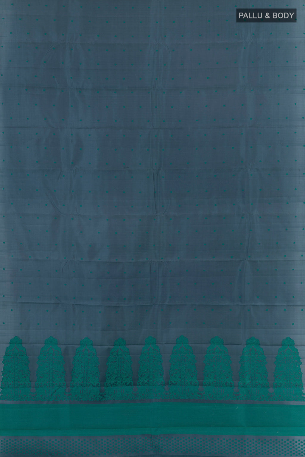 Flat view of Pure Silk Grey Kanchipuram Saree with Thread Butta on the body and Plain Border. 
