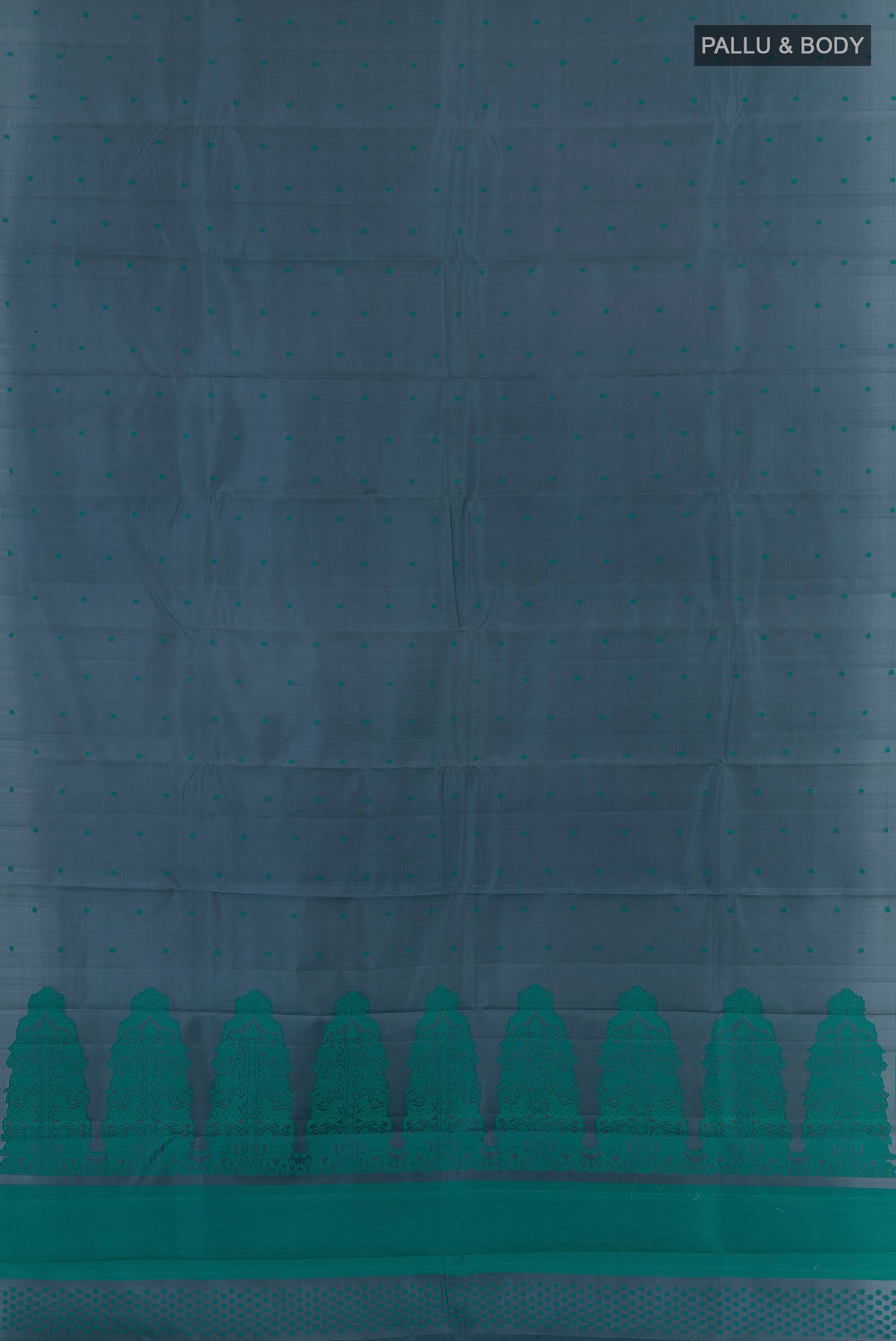 Flat view of Pure Silk Grey Kanchipuram Saree with Thread Butta on the body and Plain Border. 