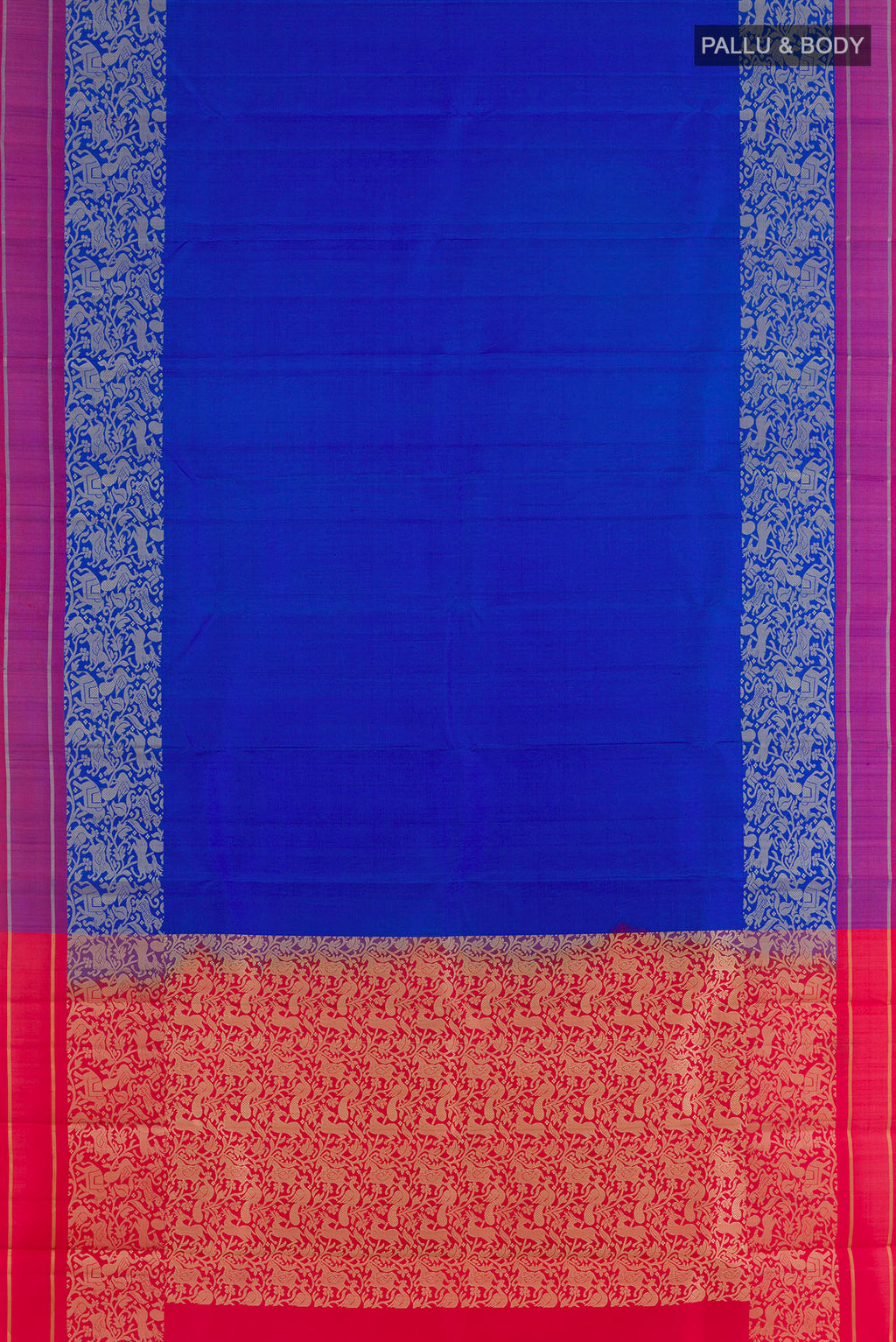 Flat view of Pure Silk Royal Blue Kanchipuram Saree with Plain Body and Fancy Border. 
