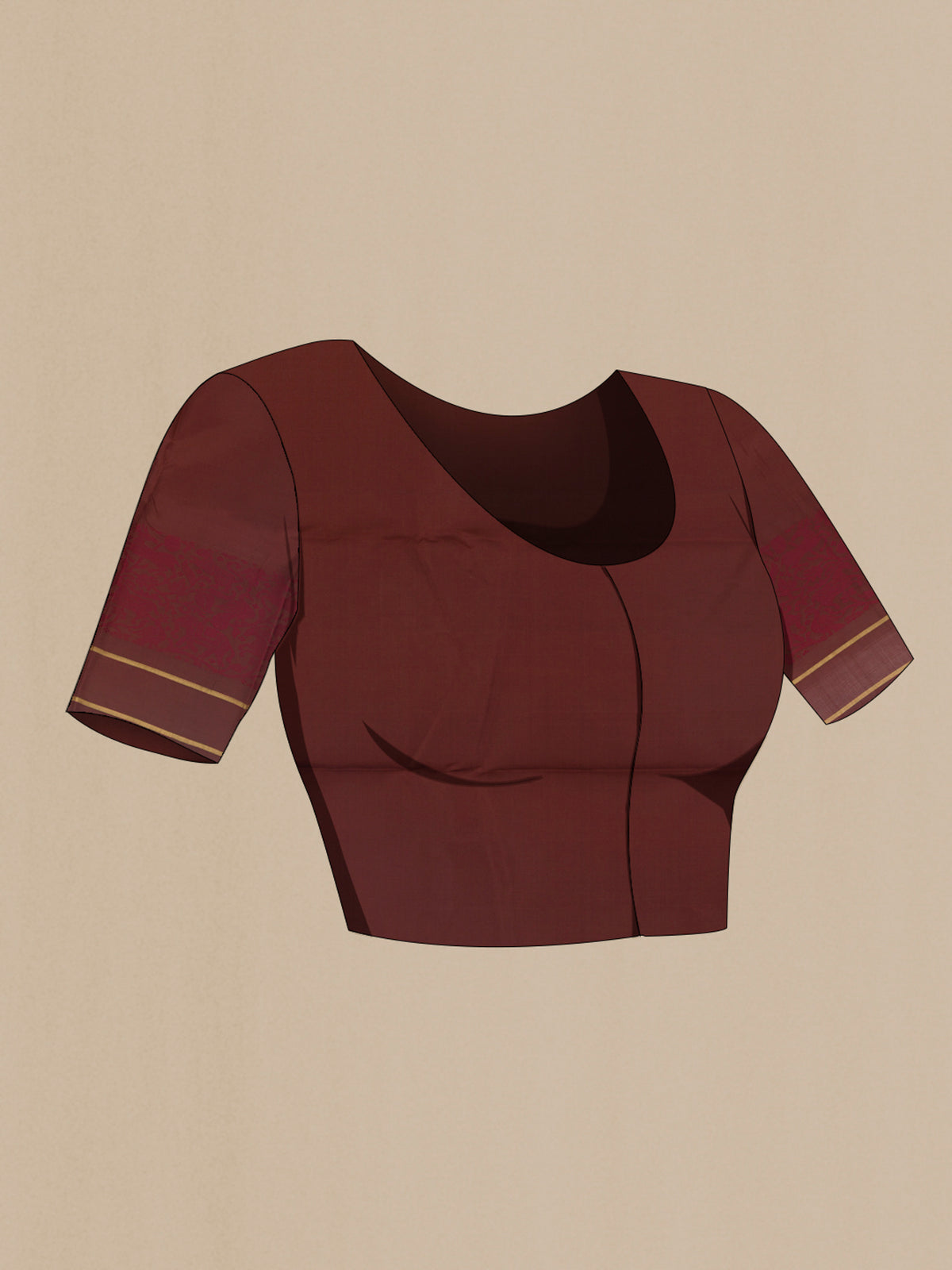 Close up image of the blouse of Pure Silk Rust Kanchipuram Saree with Plain Body and Thread Border. 