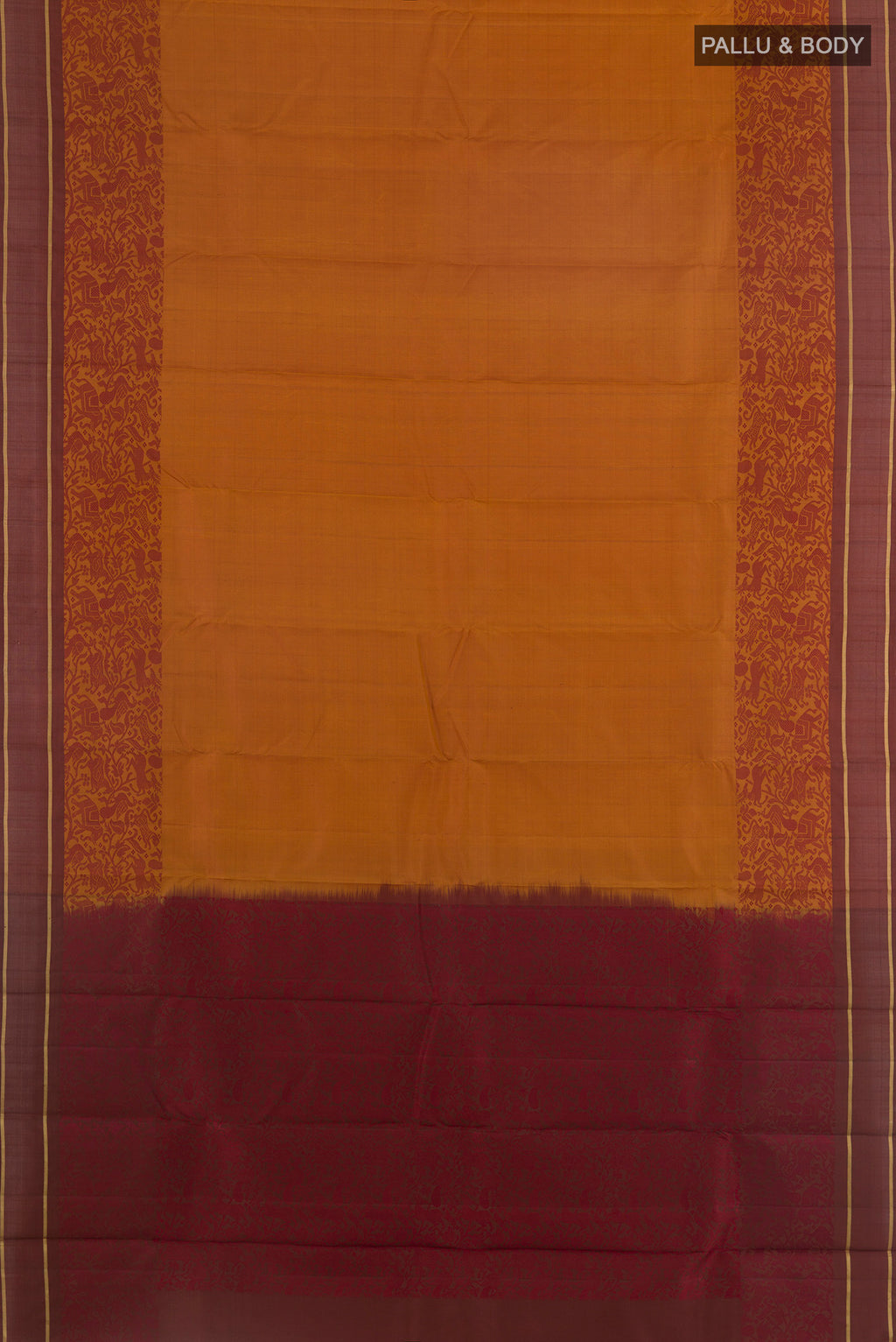 Flat view of Pure Silk Rust Kanchipuram Saree with Plain Body and Thread Border. 