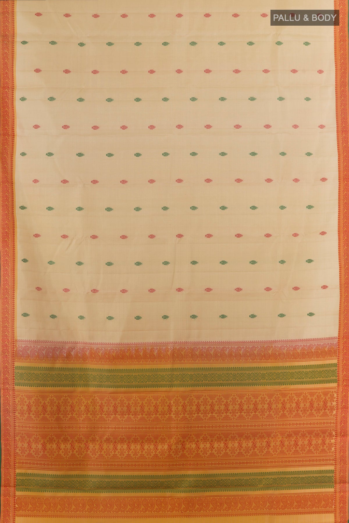 Flat view of Pure Silk Cream Kanchipuram Saree with Thread Butta on the body and Thread Border. 