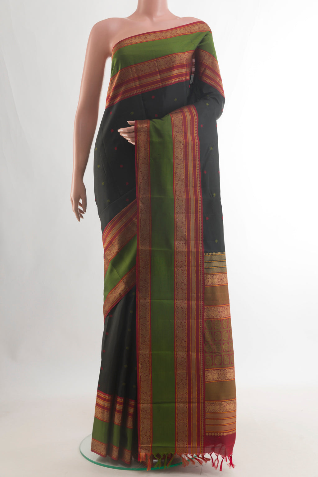 Pure Silk Black Kanchipuram Saree with Thread Butta on the body and Thread Border.  displayed on a mannequin