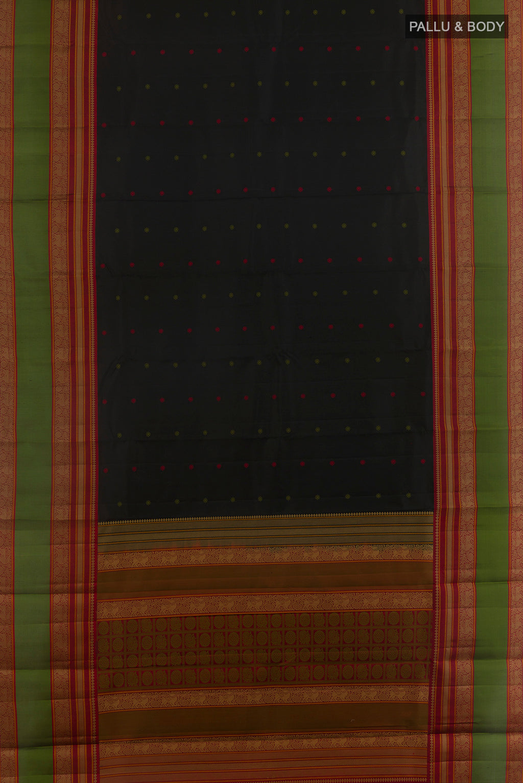 Flat view of Pure Silk Black Kanchipuram Saree with Thread Butta on the body and Thread Border. 