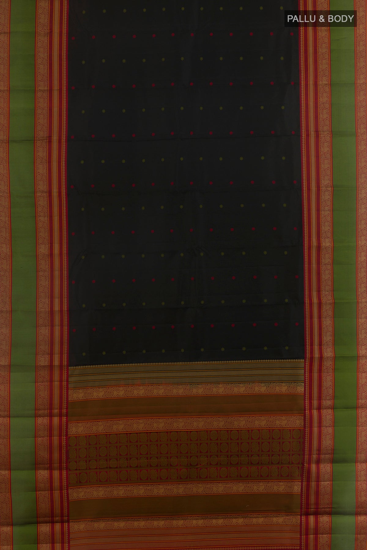 Flat view of Pure Silk Black Kanchipuram Saree with Thread Butta on the body and Thread Border. 