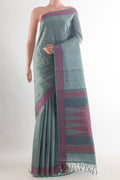 Pure Silk Grey Kanchipuram Saree with Thread Butta on the body and Thread Border.  displayed on a mannequin