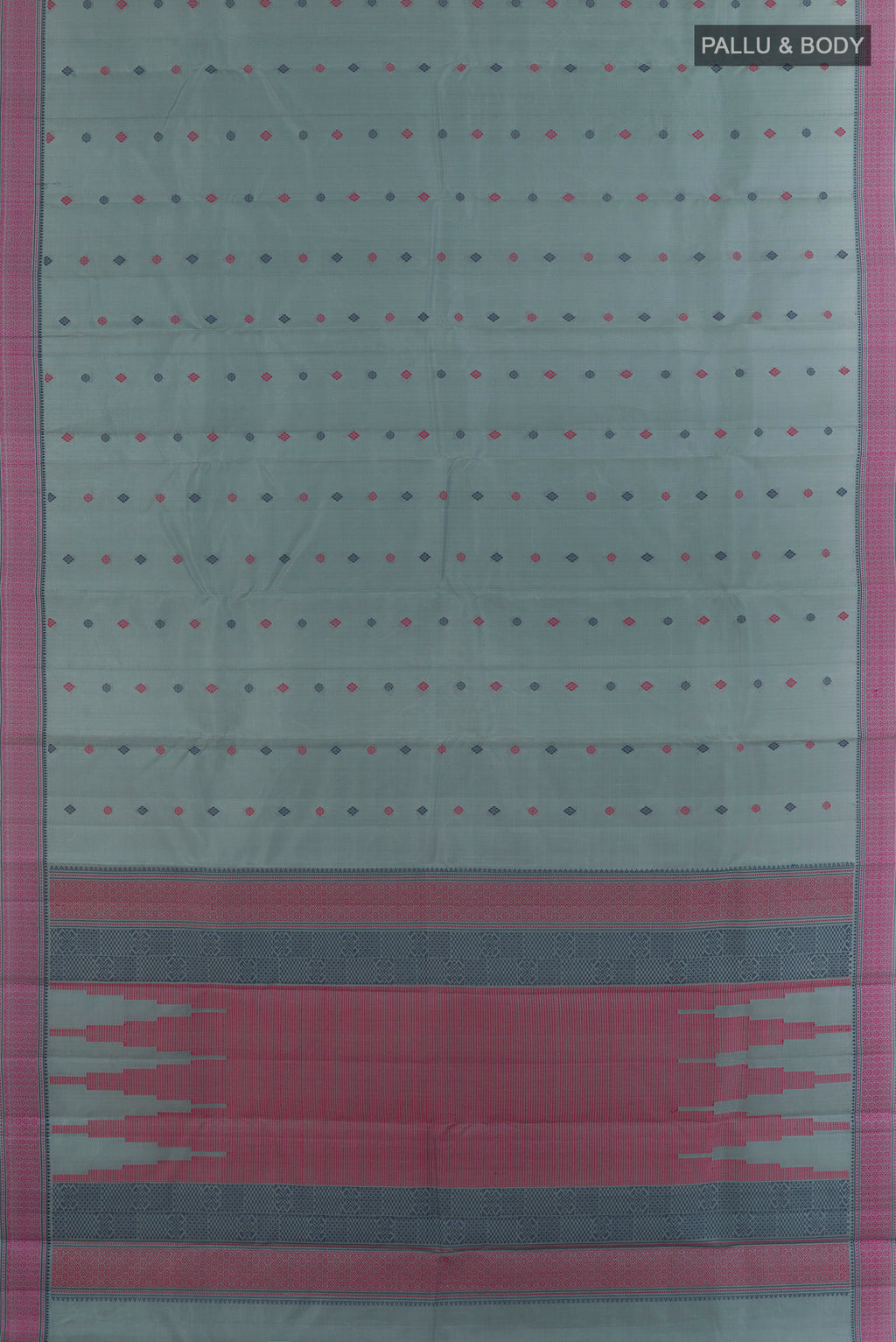 Flat view of Pure Silk Grey Kanchipuram Saree with Thread Butta on the body and Thread Border. 