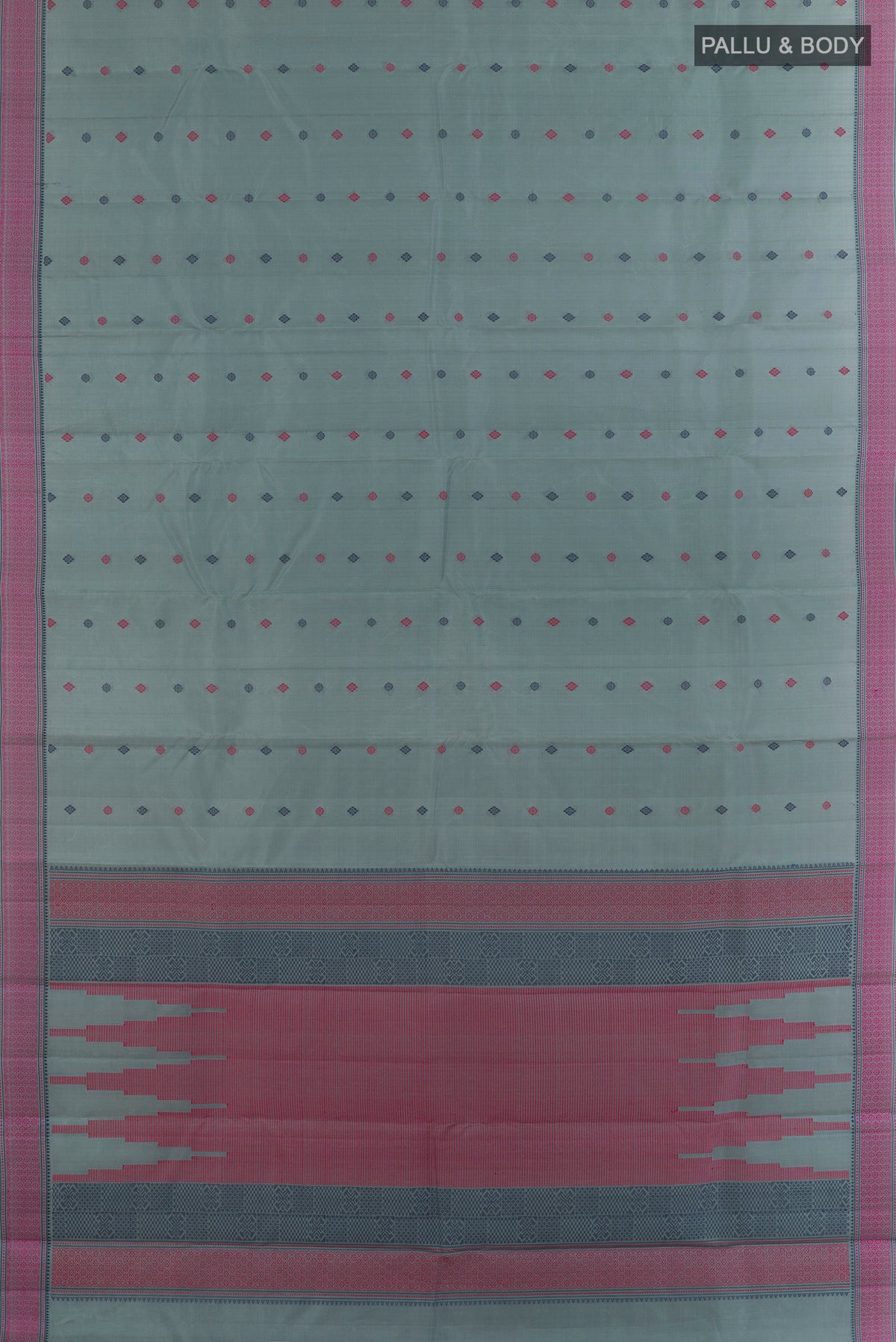 Flat view of Pure Silk Grey Kanchipuram Saree with Thread Butta on the body and Thread Border. 
