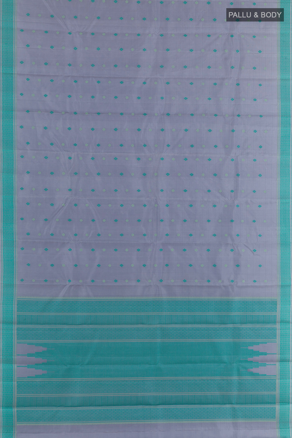 Flat view of Pure Silk Grey Kanchipuram Saree with Thread Butta on the body and Thread Border. 