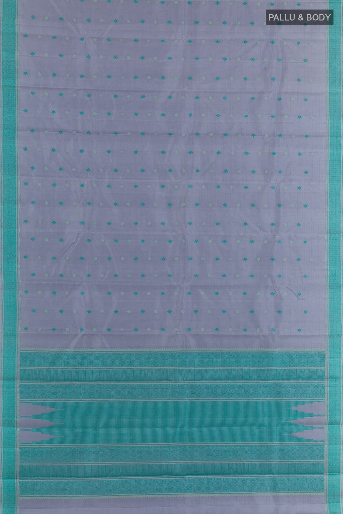 Flat view of Pure Silk Grey Kanchipuram Saree with Thread Butta on the body and Thread Border. 