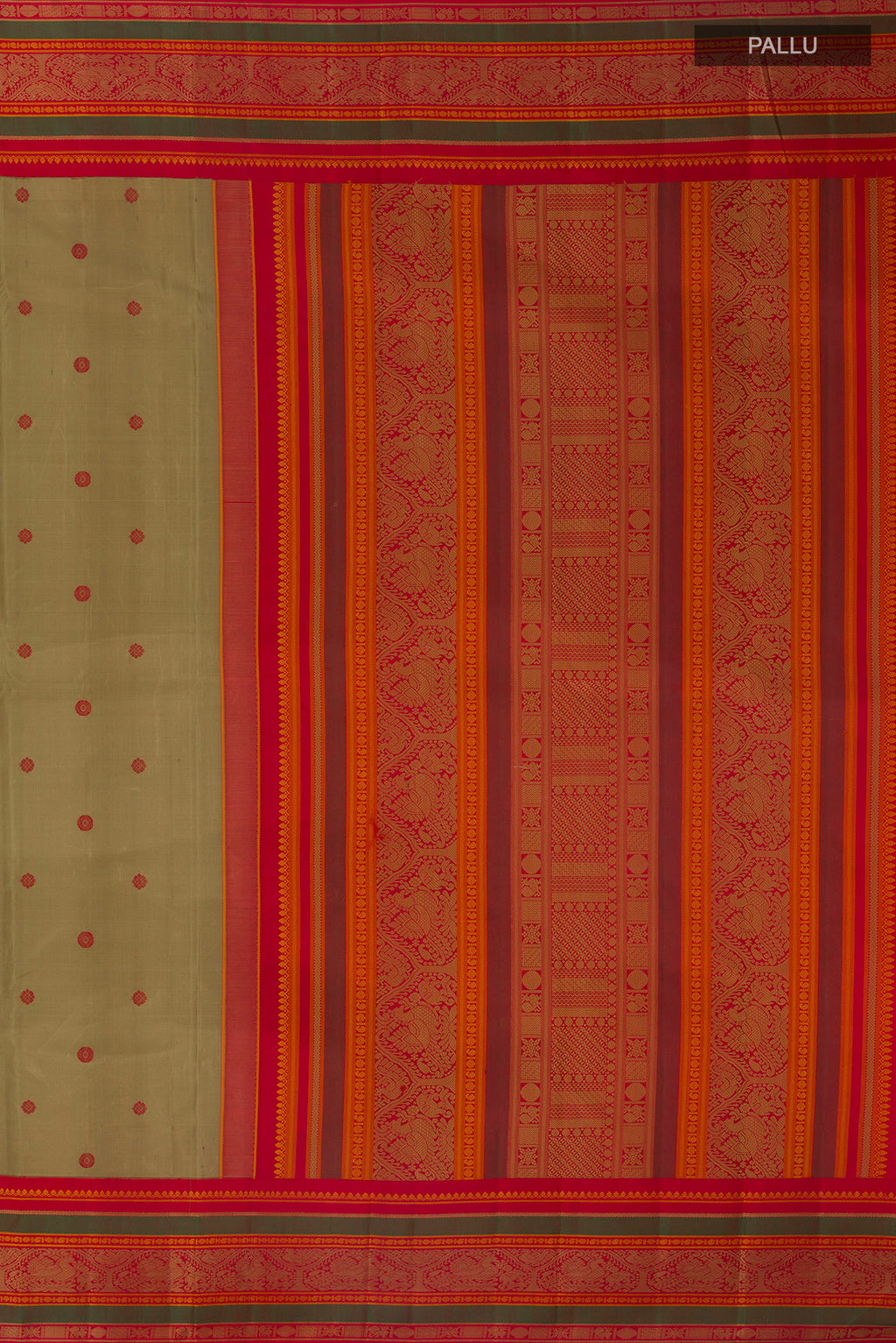 Close up image of the pallu of Pure Silk Dark Beige Kanjivaram Saree with Thread Butta on the body and Thread Border. 