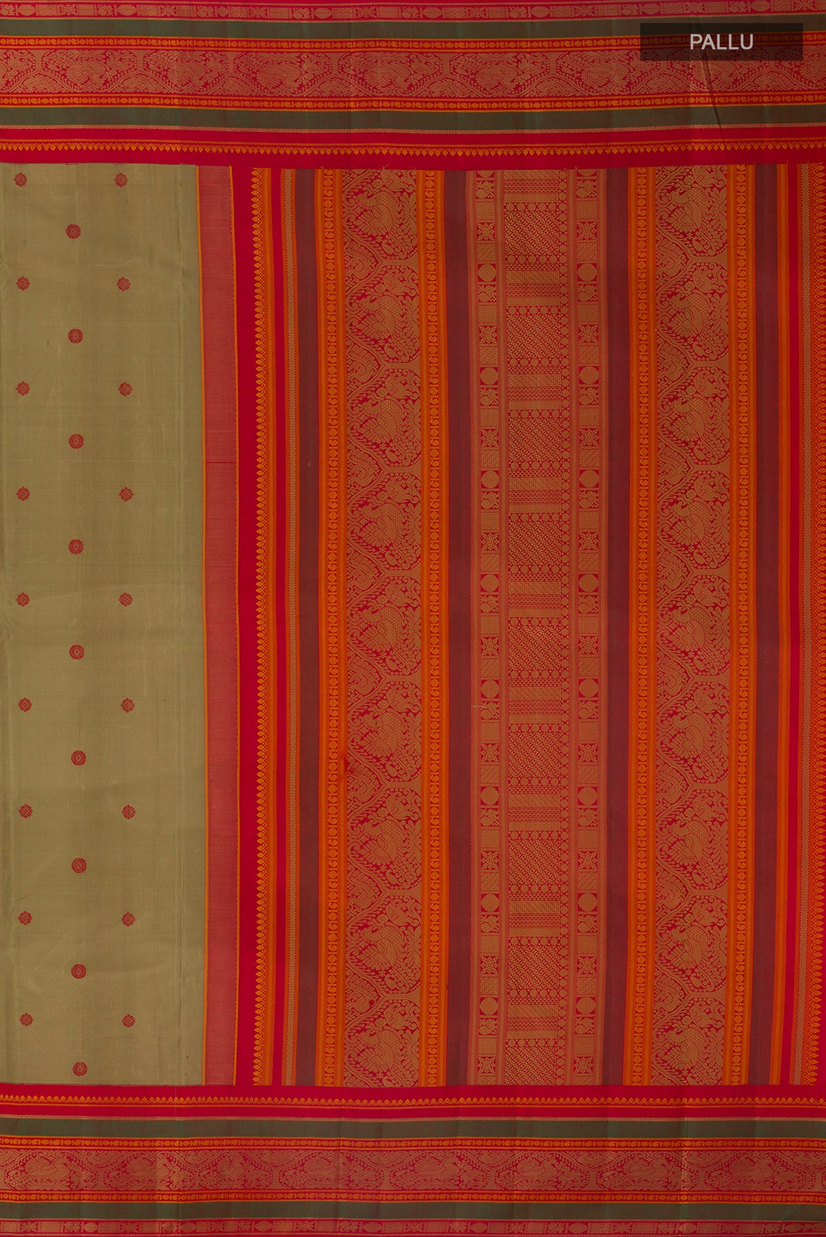 Close up image of the pallu of Pure Silk Dark Beige Kanjivaram Saree with Thread Butta on the body and Thread Border. 