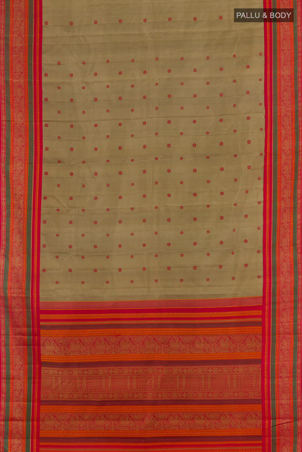 Flat view of Pure Silk Dark Beige Kanjivaram Saree with Thread Butta on the body and Thread Border. 