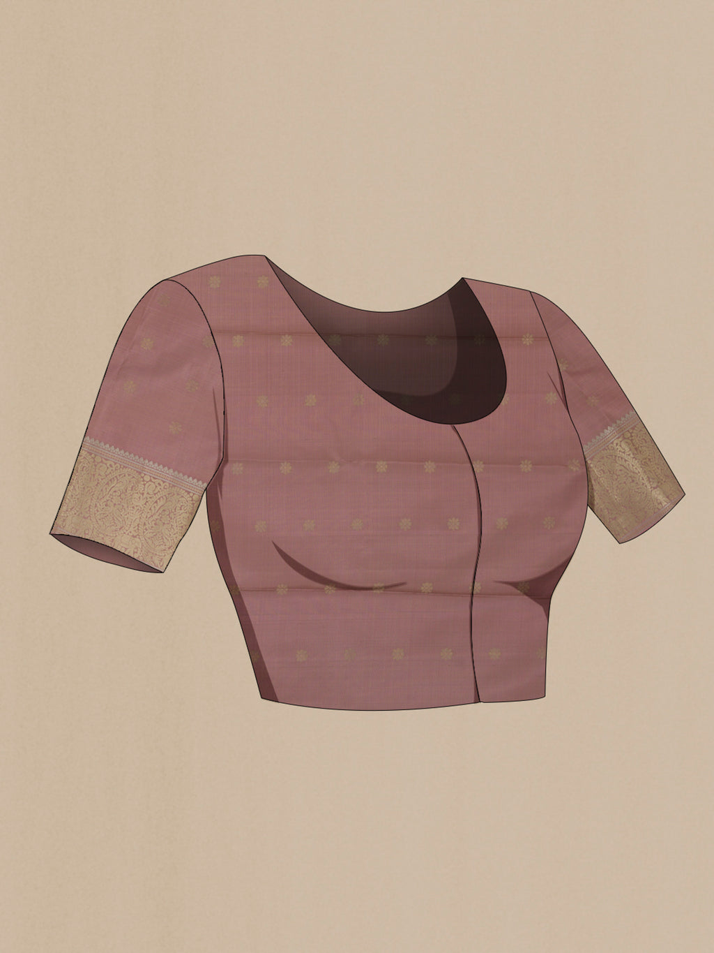 Close up image of the blouse of Pure Silk Dark Beige Kanchipuram Saree with Plain Body and Zari Border. 