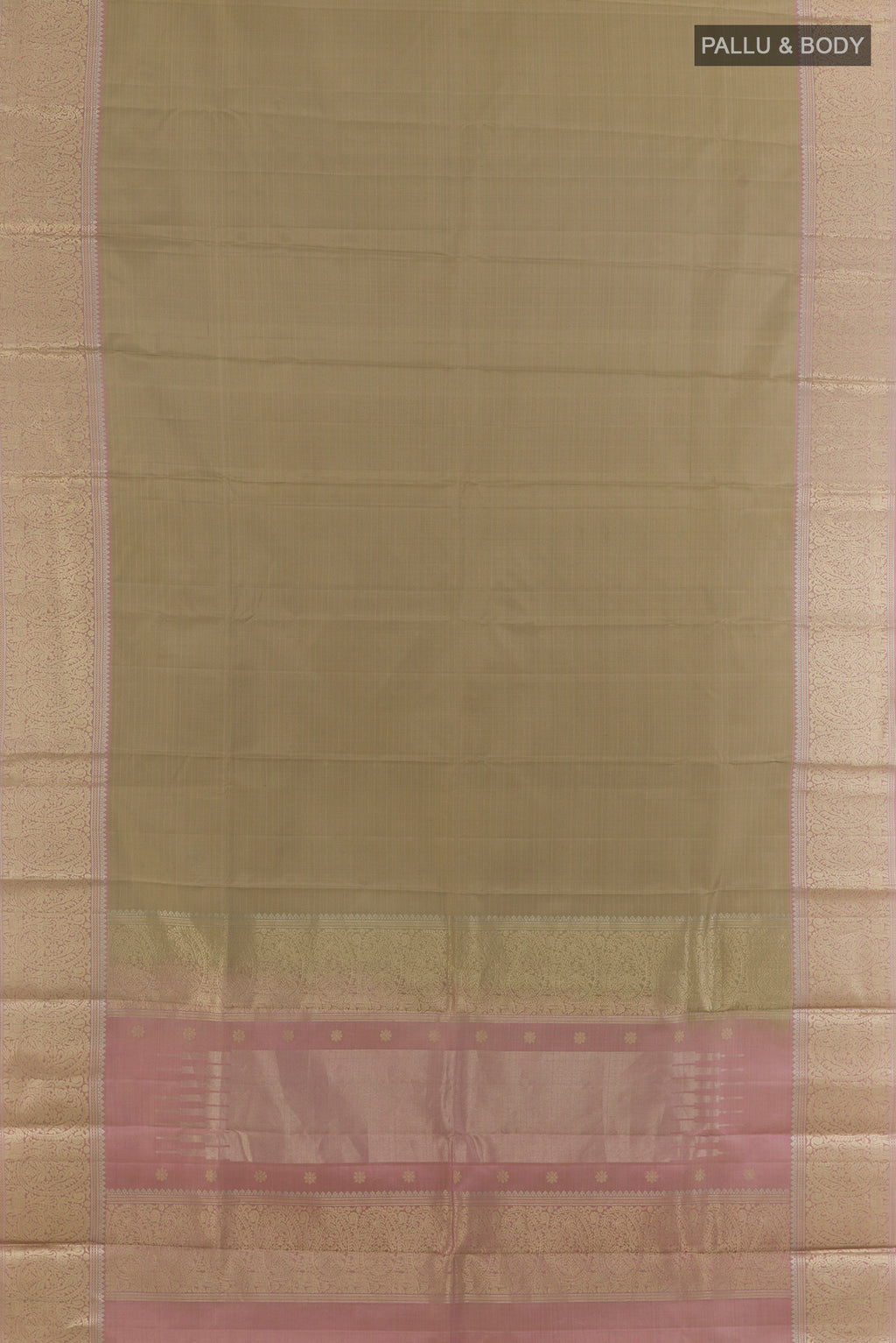 Flat view of Pure Silk Dark Beige Kanchipuram Saree with Plain Body and Zari Border. 