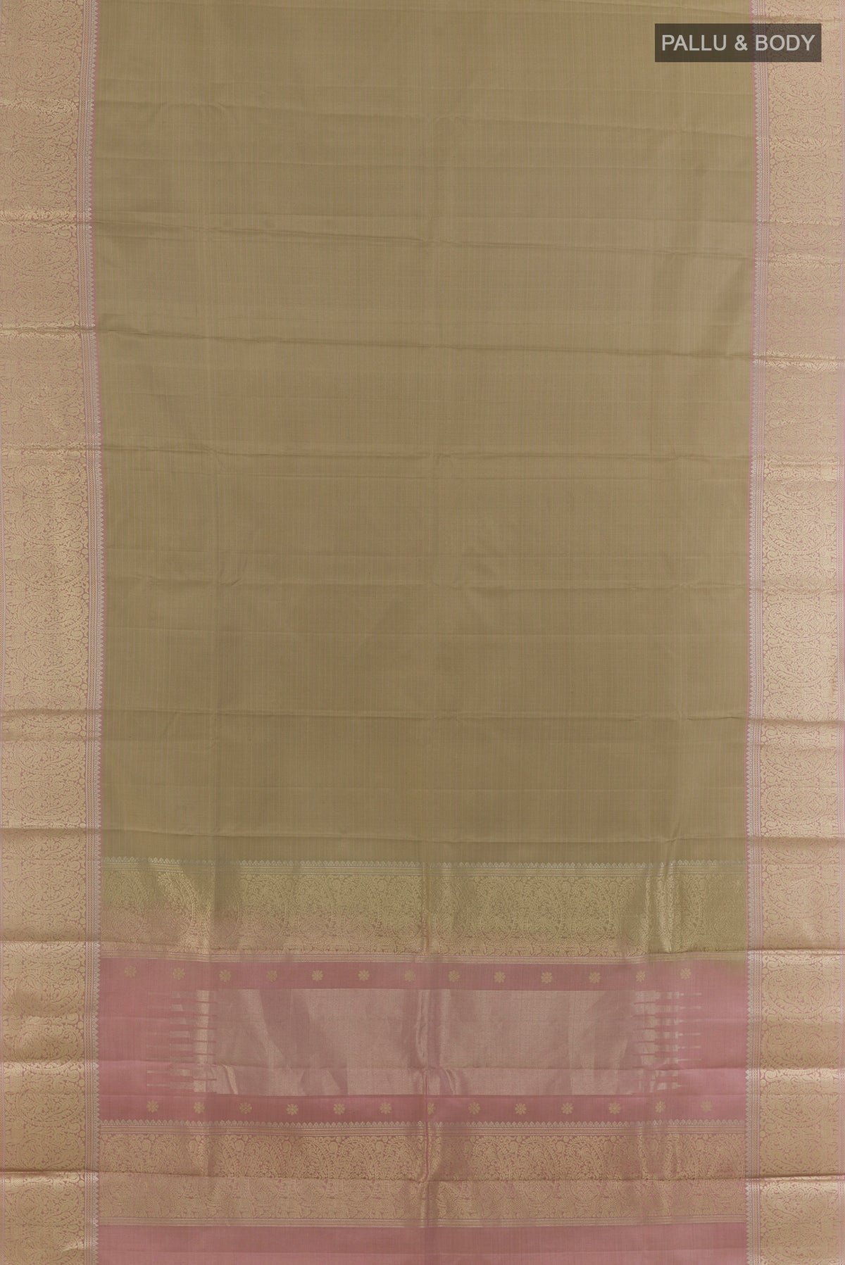 Flat view of Pure Silk Dark Beige Kanchipuram Saree with Plain Body and Zari Border. 