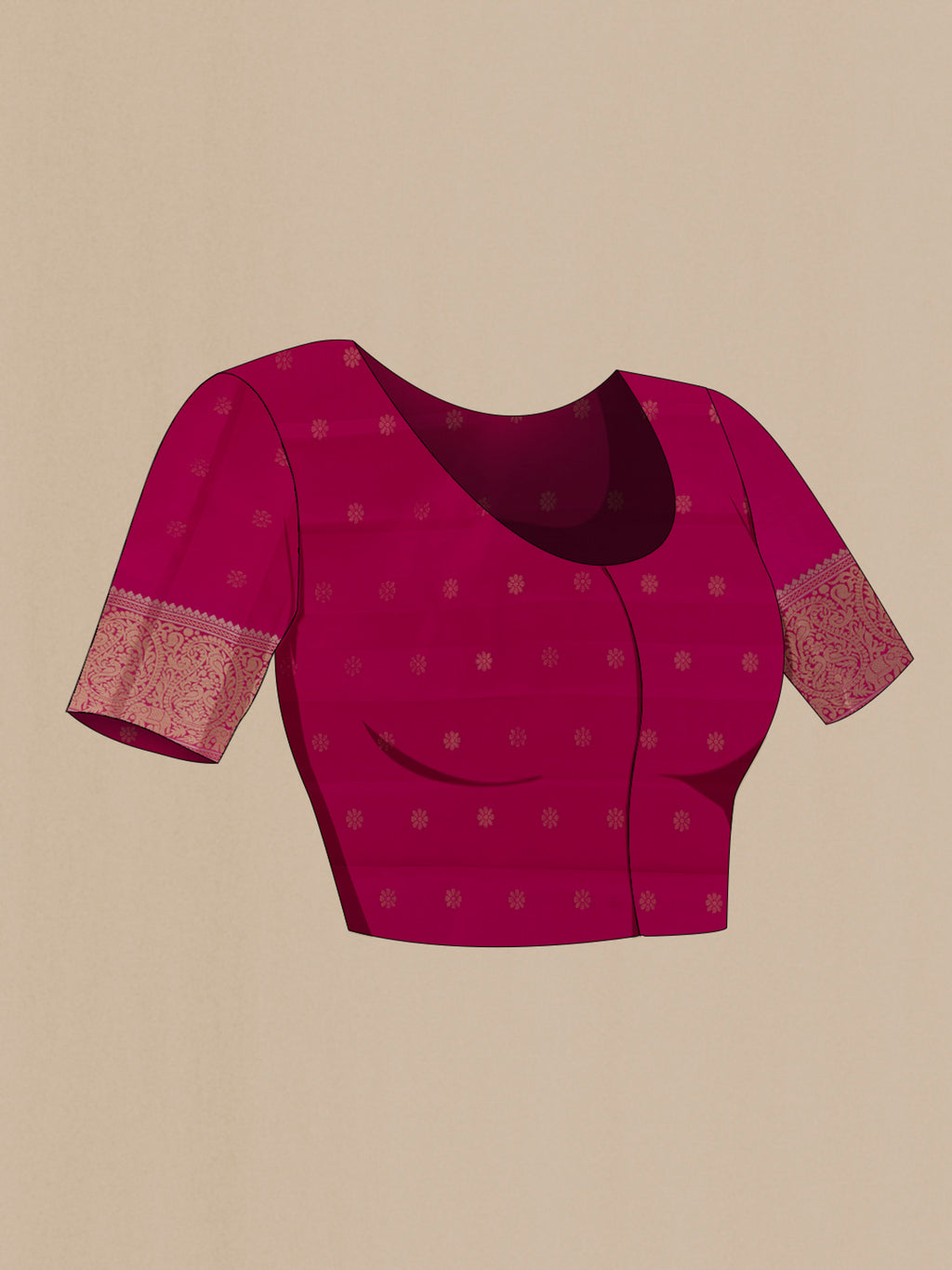 Close up image of the blouse of Pure Silk Purple Kanchipuram Saree with Stripes on the body and Zari Border. 