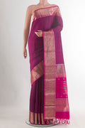 Pure Silk Purple Kanchipuram Saree with Stripes on the body and Zari Border.  displayed on a mannequin