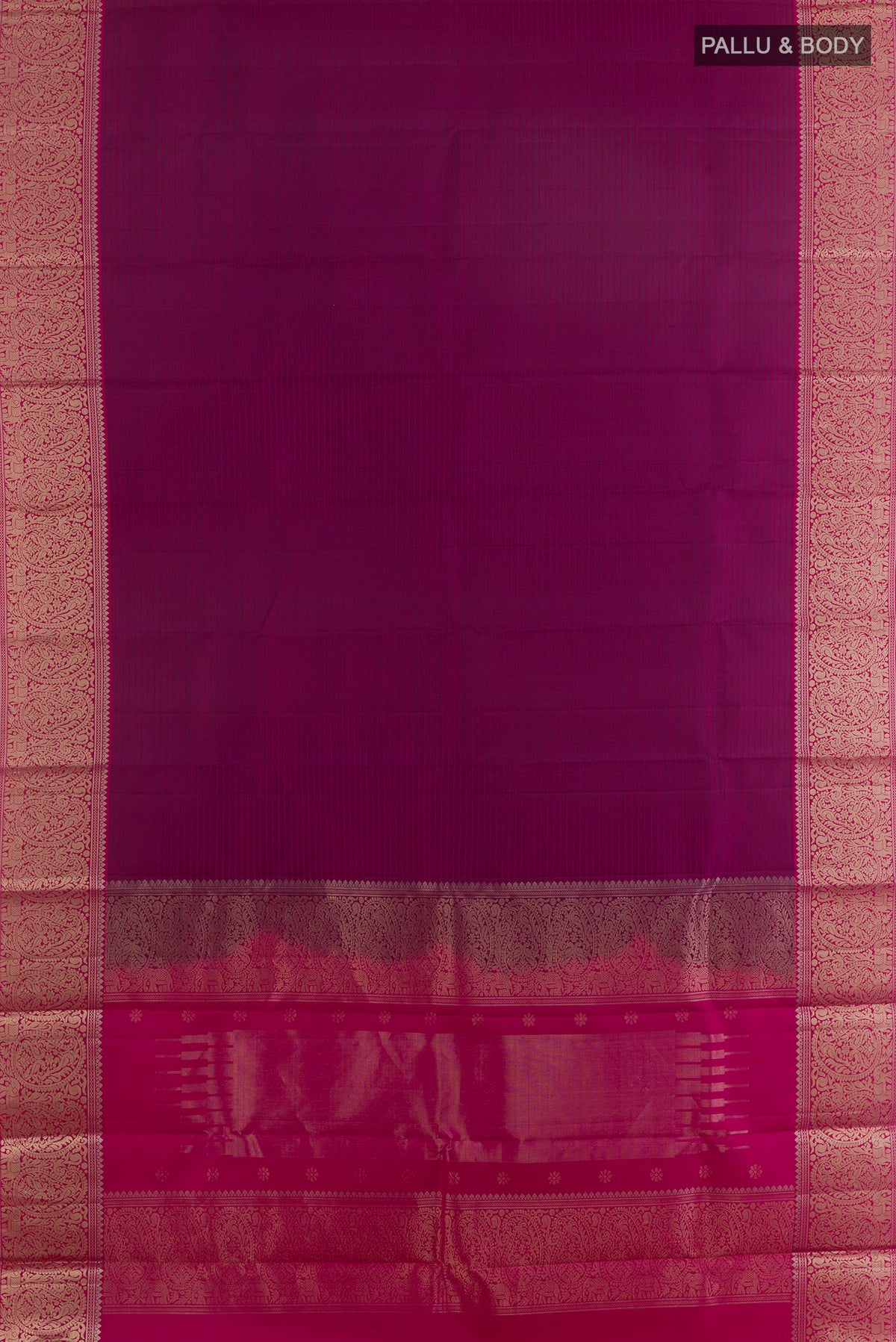 Flat view of Pure Silk Purple Kanchipuram Saree with Stripes on the body and Zari Border. 