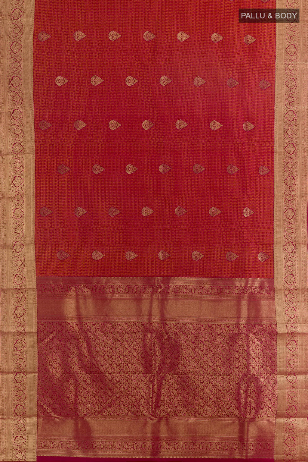 Flat view of Pure Silk Brick Orange Kanchipuram Saree with Jacquard With Zari Butta on the body and Zari Border. 