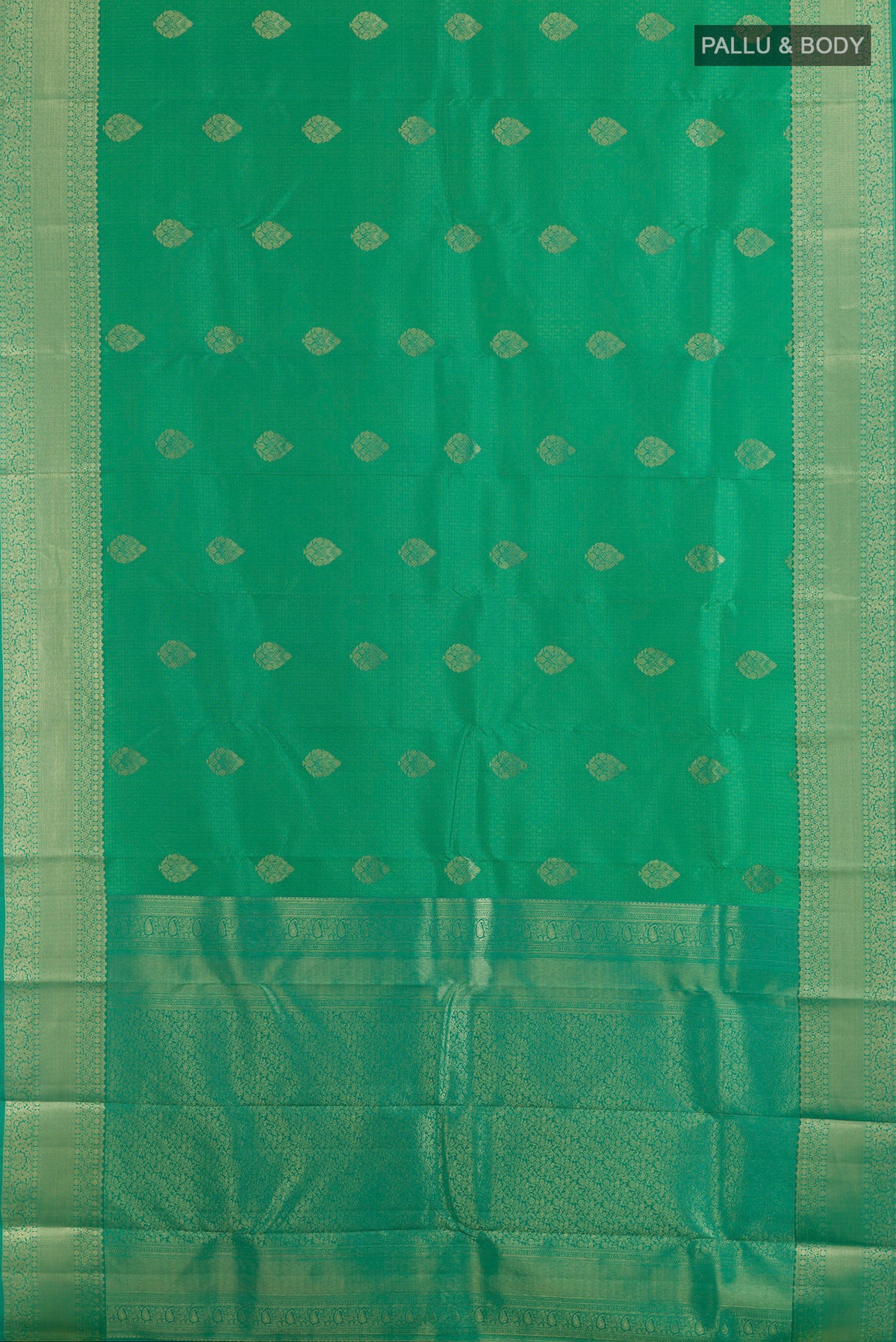 Flat view of Pure Silk Green Kanchipuram Saree with Jacquard With Zari Butta on the body and Zari Border. 