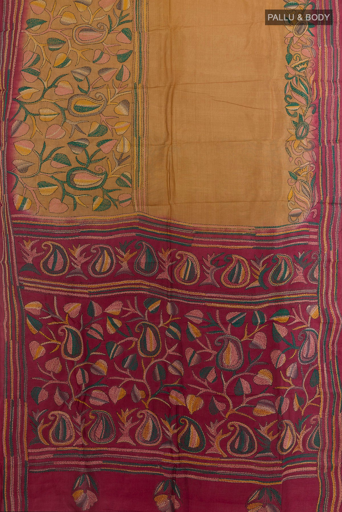 Flat view of Mustard Tussar Saree with Kantha Work on the body and Embroidery Border. 