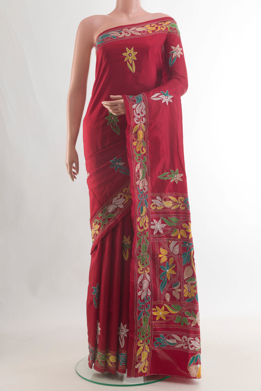Pure Silk Red Kantha Saree with Kantha Work on the body and Embroidery Border.  displayed on a mannequin