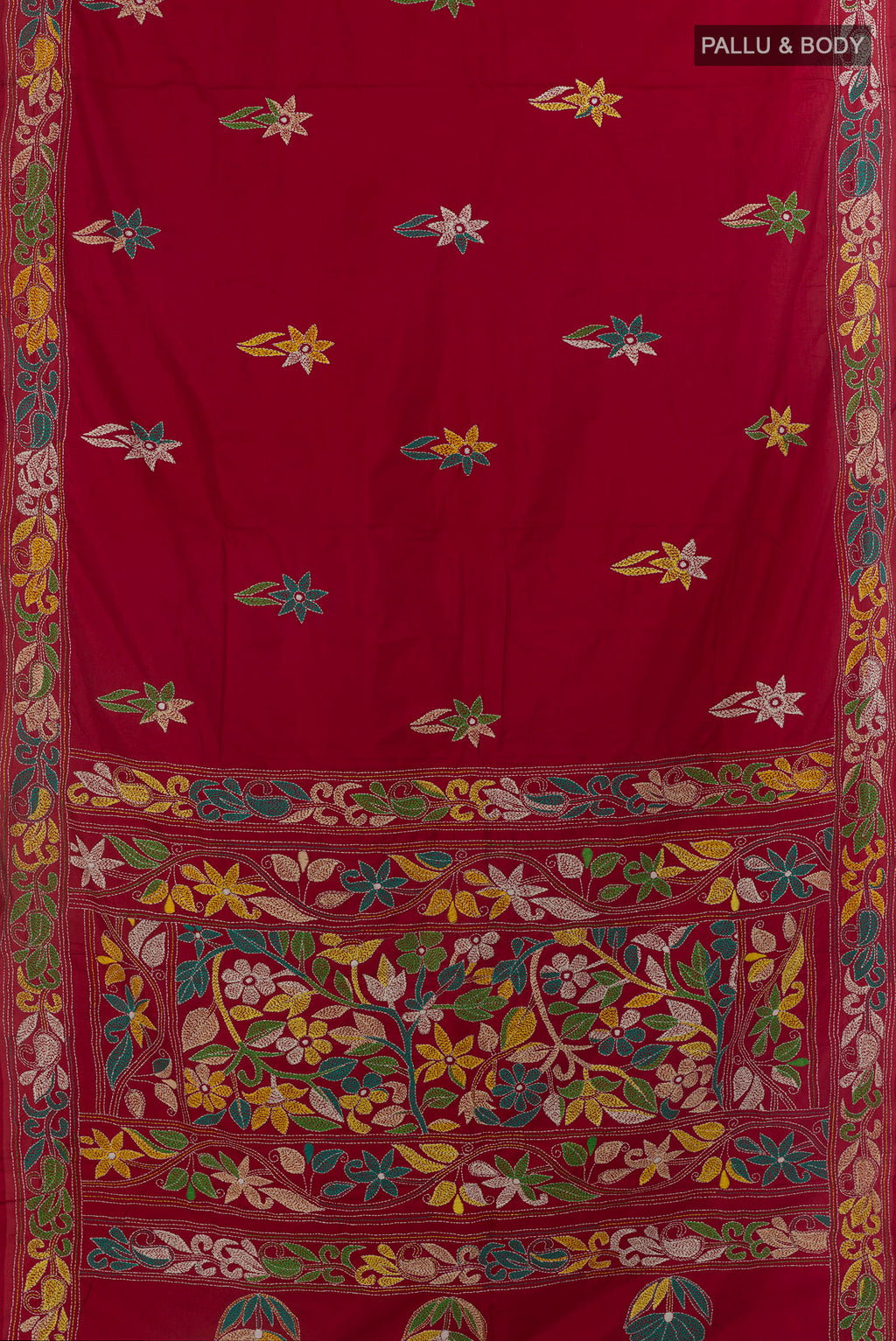 Flat view of Pure Silk Red Kantha Saree with Kantha Work on the body and Embroidery Border. 