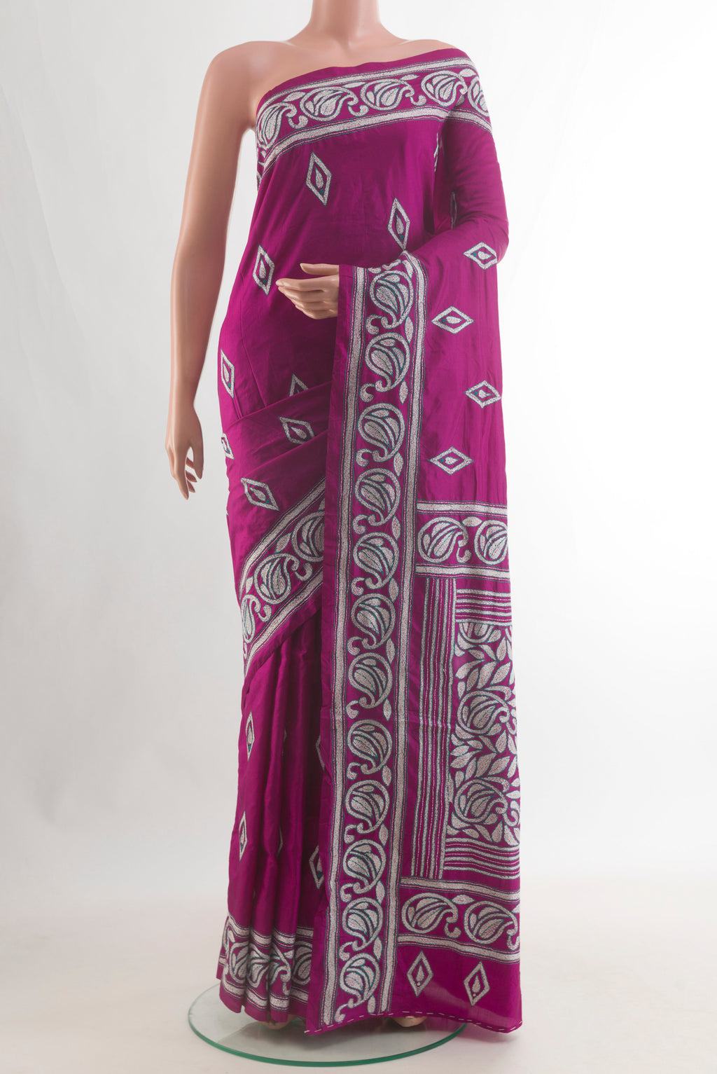 Pure Silk Magenta Kantha Saree with Kantha Work on the body and Embroidery Border.  displayed on a mannequin