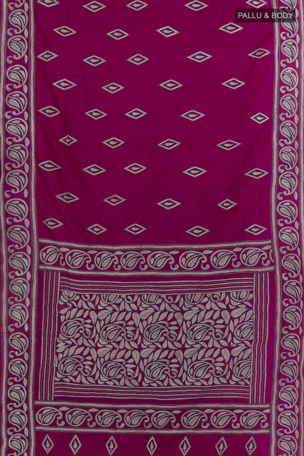 Flat view of Pure Silk Magenta Kantha Saree with Kantha Work on the body and Embroidery Border. 