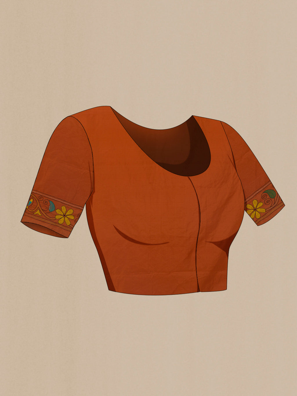 Close up image of the blouse of Pure Silk Rust Kantha Saree with Kantha Work on the body and Embroidery Border. 